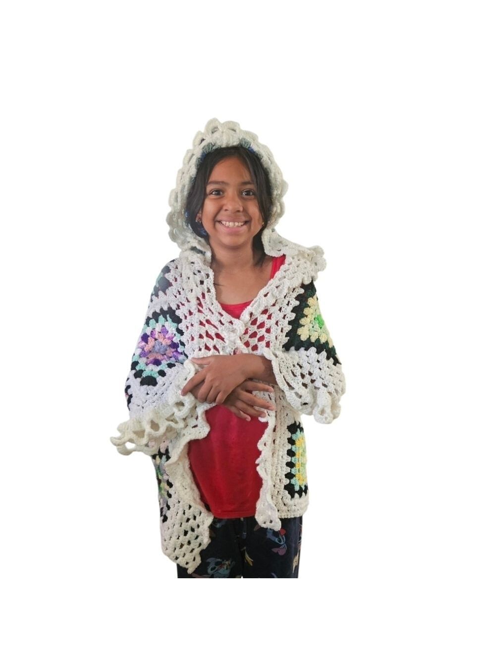 Hand Crafted Crochet Granny Square Cardigan open front Hooded Colorfull Sweater - Picture 13 of 17